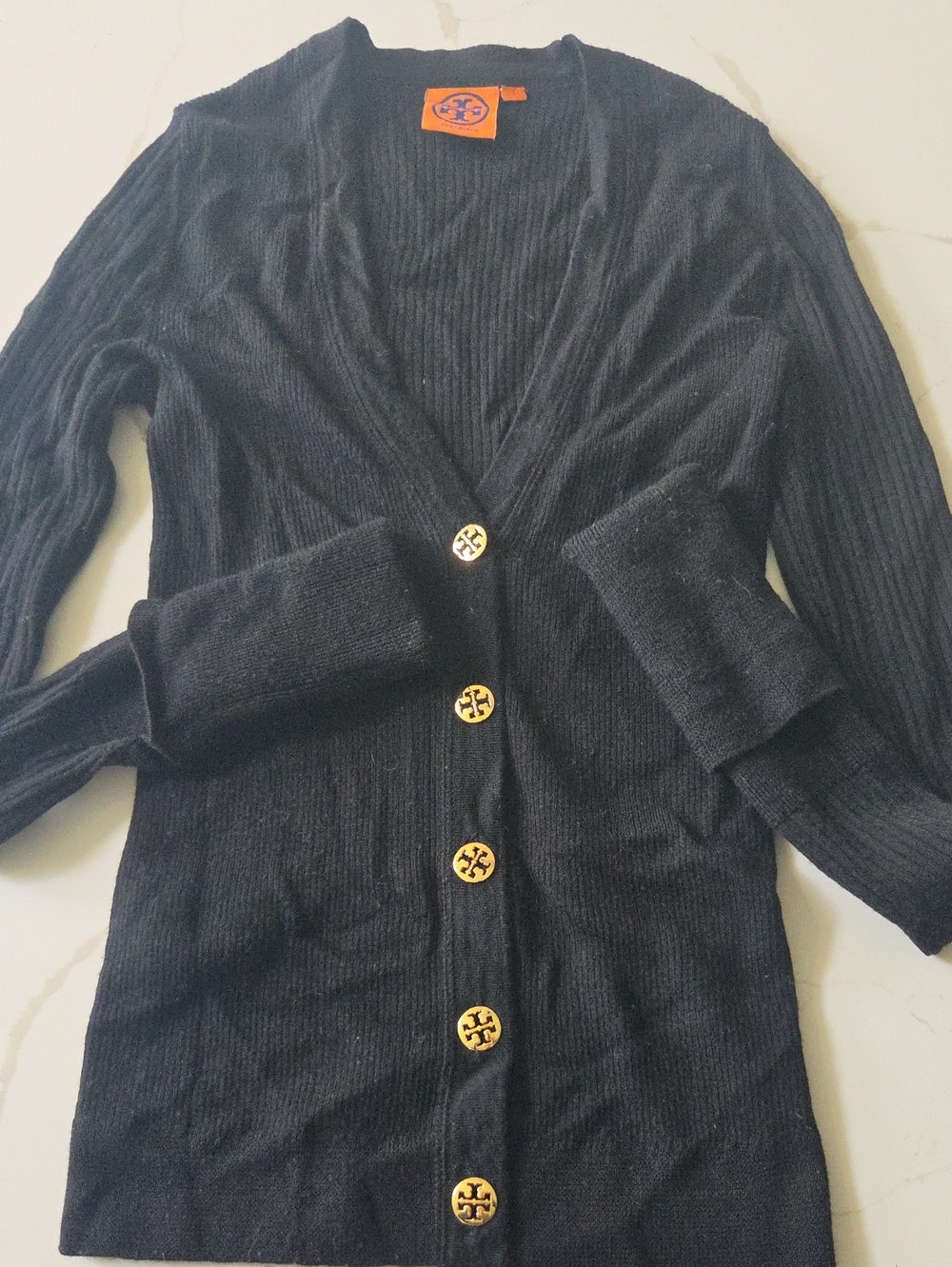 Tory Burch Black Ribbed V‑Neck Cardigan with Gold Buttons